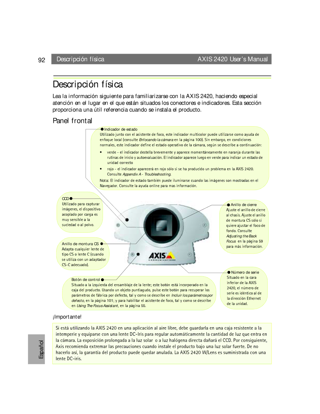 Axis Communications AXIS 2420 user manual Descripción física, Panel frontal 