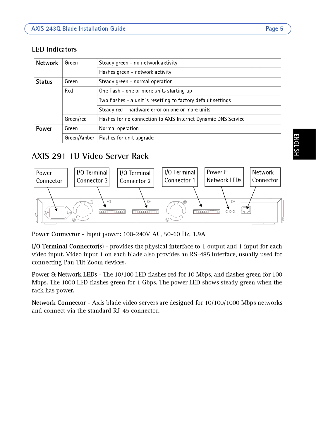 Axis Communications AXIS 243Q manual Axis 291 1U Video Server Rack, LED Indicators, Network, Status, Power 