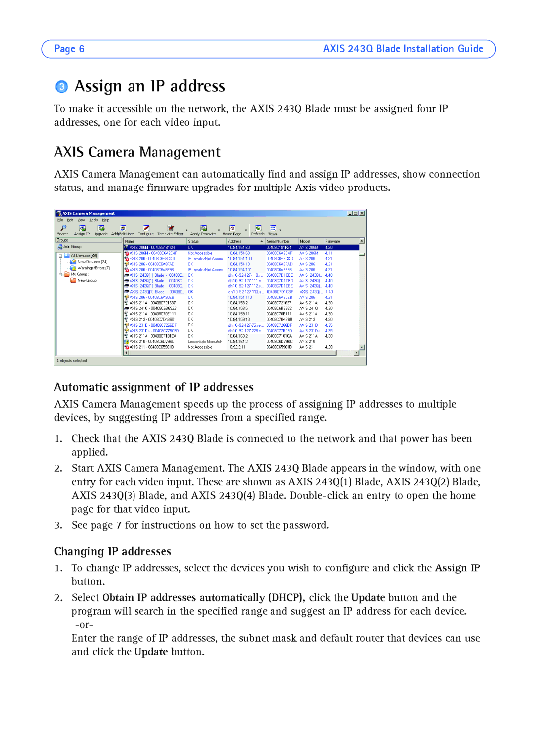 Axis Communications AXIS 243Q manual Assign an IP address, Axis Camera Management, Automatic assignment of IP addresses 