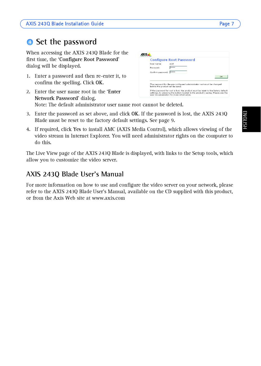 Axis Communications AXIS 243Q manual Set the password, Axis 243Q Blade User’s Manual 