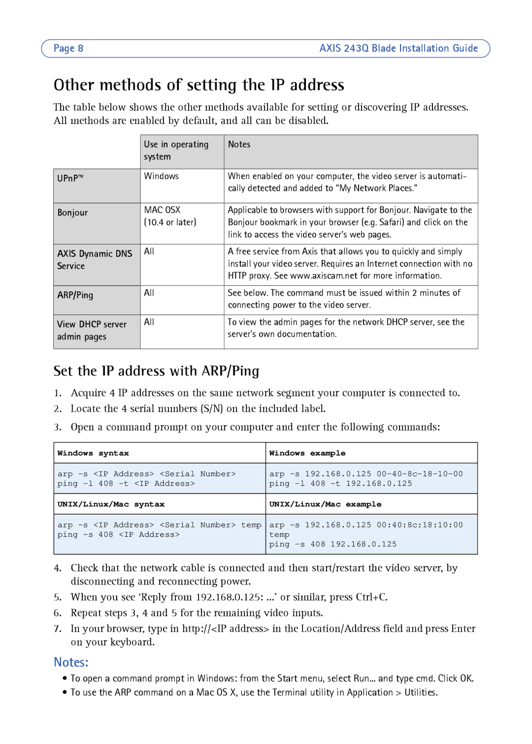 Axis Communications AXIS 243Q manual Other methods of setting the IP address, Set the IP address with ARP/Ping 