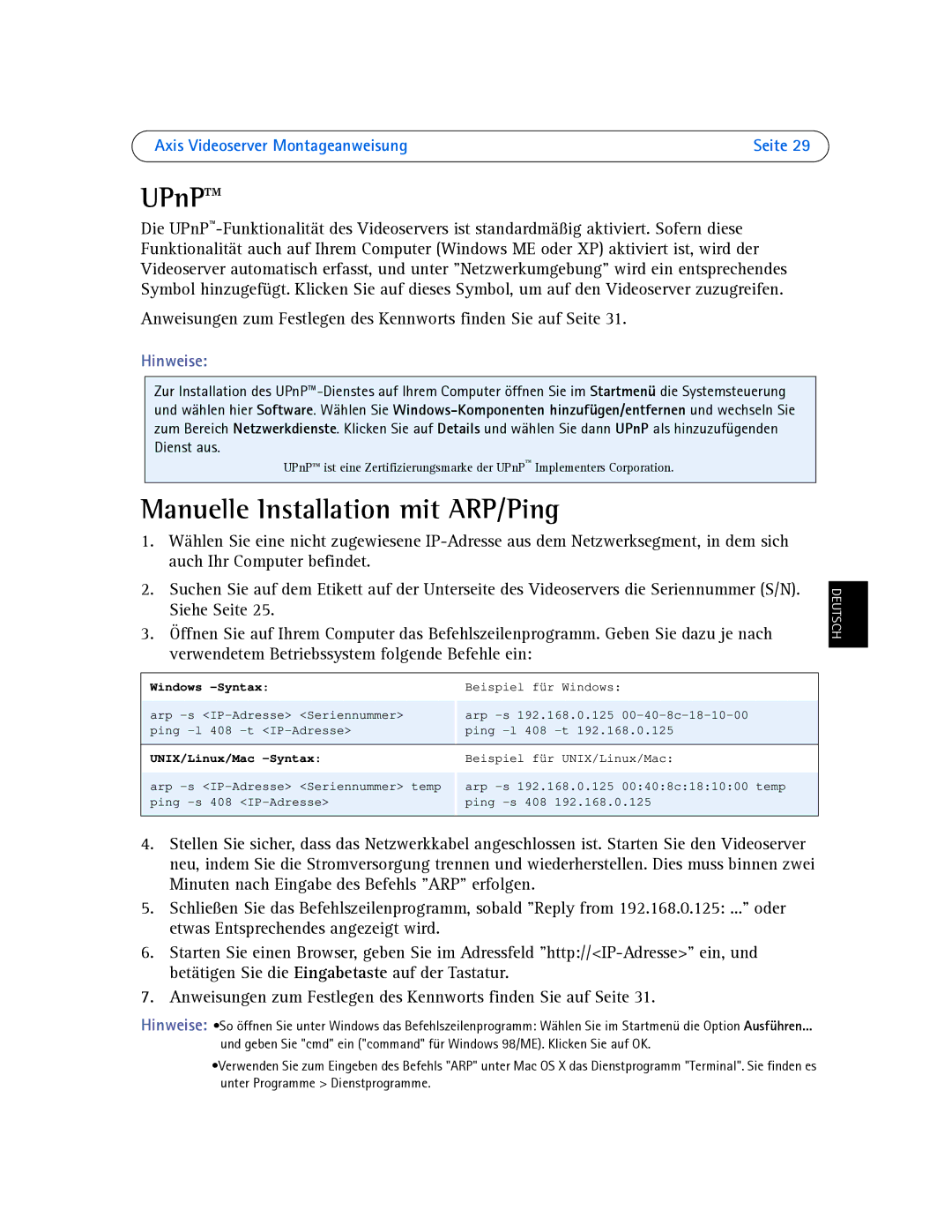 Axis Communications AXIS 243SA, AXIS 242S IV, AXIS 241S, AXIS 241QA manual Manuelle Installation mit ARP/Ping, Hinweise 