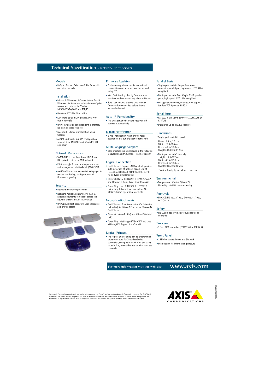 Axis Communications AXIS 5400+ manual Technical Specification Network Print Servers 