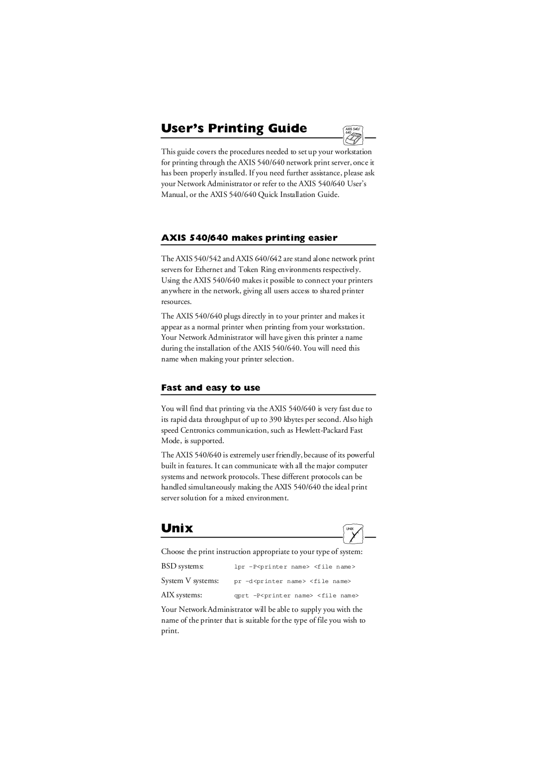 Axis Communications AXIS 540/640 manual User’s Printing Guide, Unix 