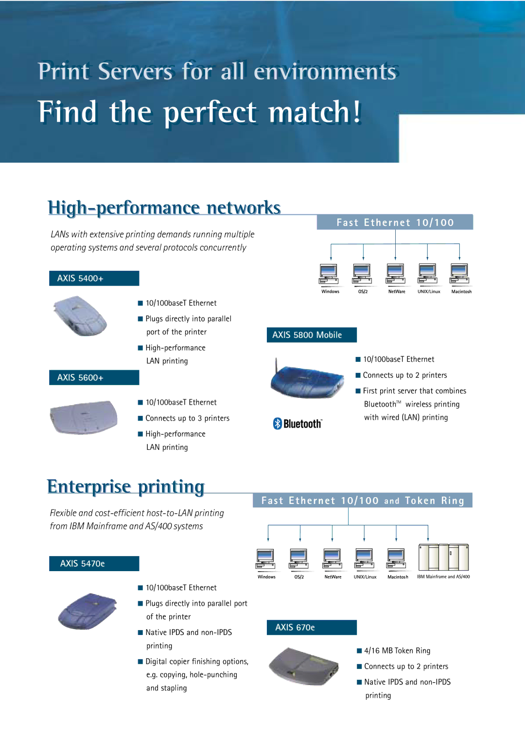 Axis Communications AXIS 5470e manual High-performance networks, Enterprise printing, S t E t h e r n e t 10 / 10 