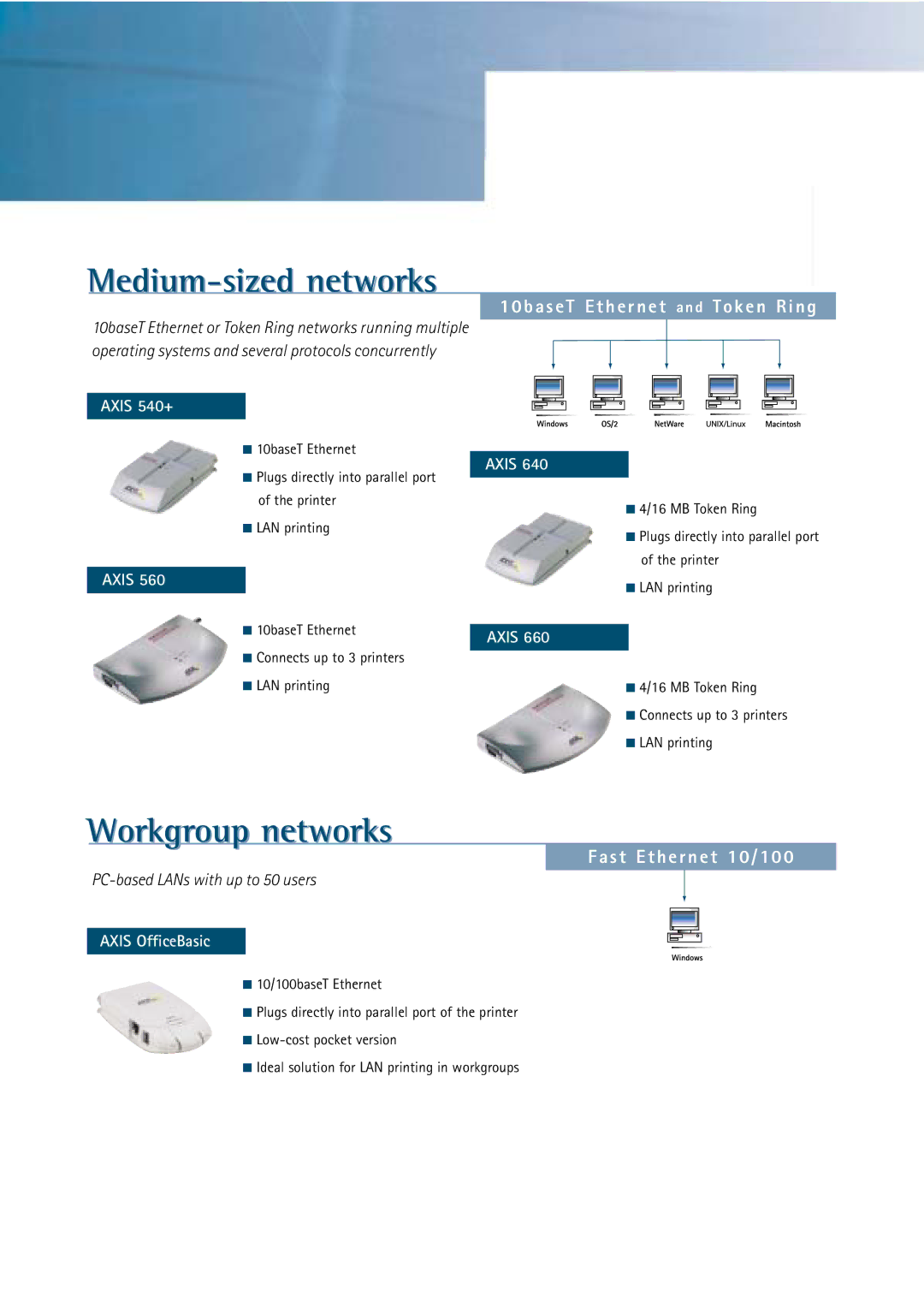 Axis Communications AXIS 5470e Medium-sized networks, Workgroup networks, A s e T E t h e r n e t a n d T o k e n R i n g 