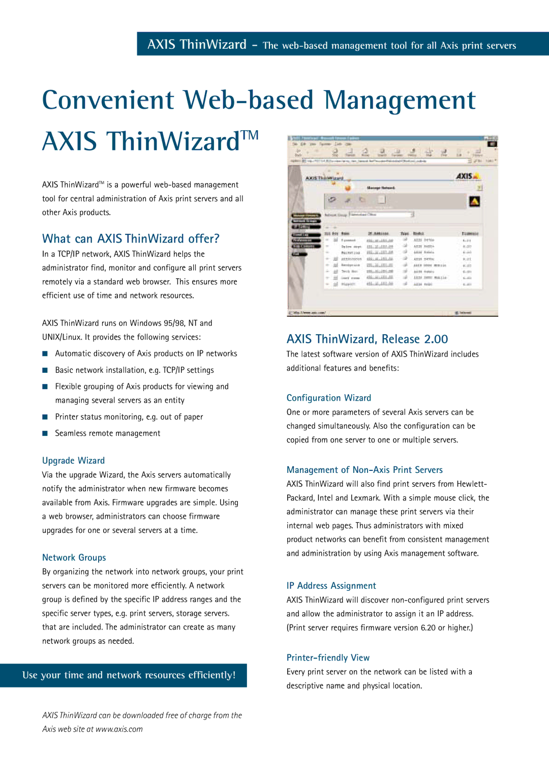 Axis Communications AXIS 5470e Configuration Wizard, Upgrade Wizard, Network Groups, Management of Non-Axis Print Servers 