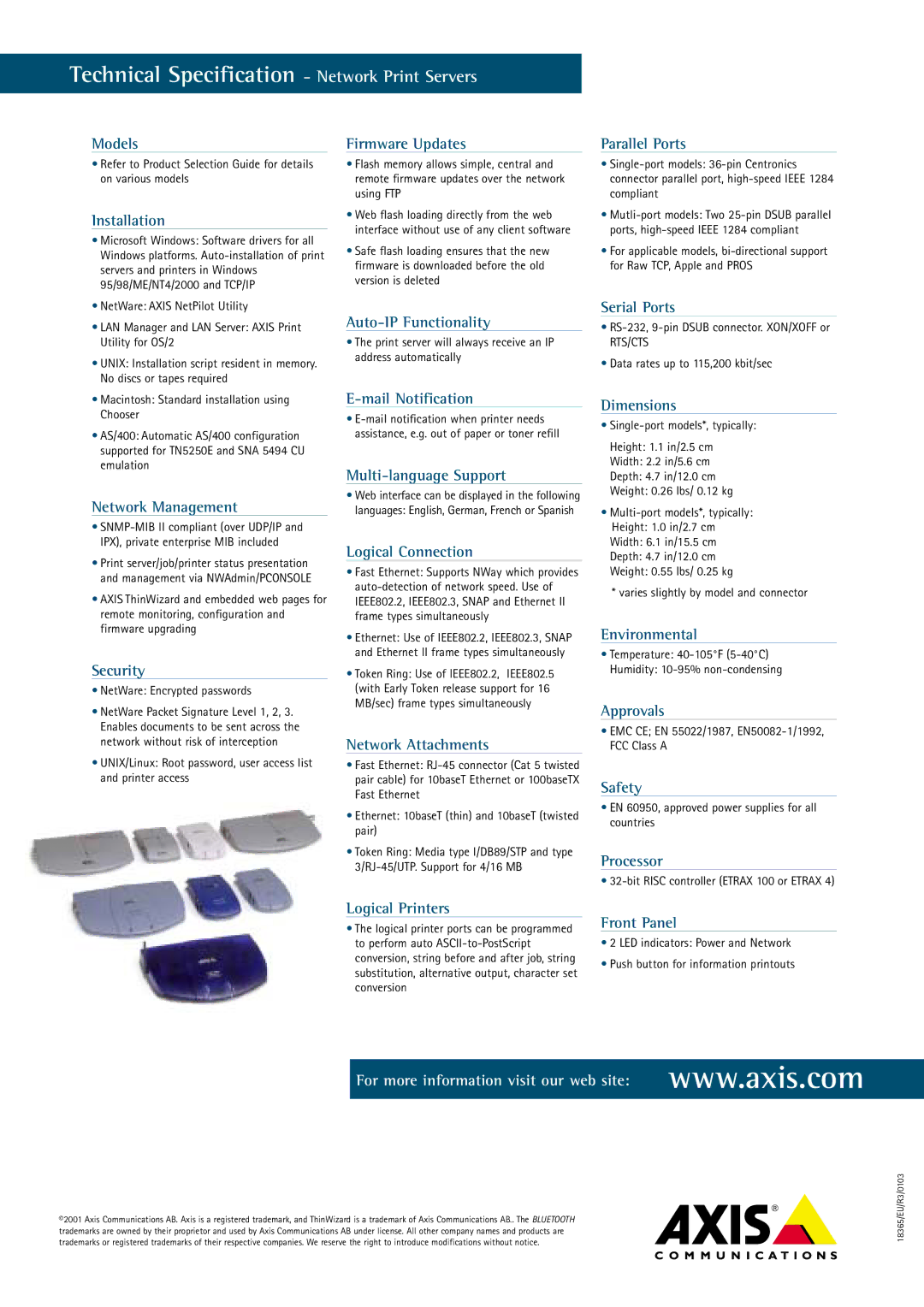 Axis Communications AXIS 5470e manual Technical Specification Network Print Servers 