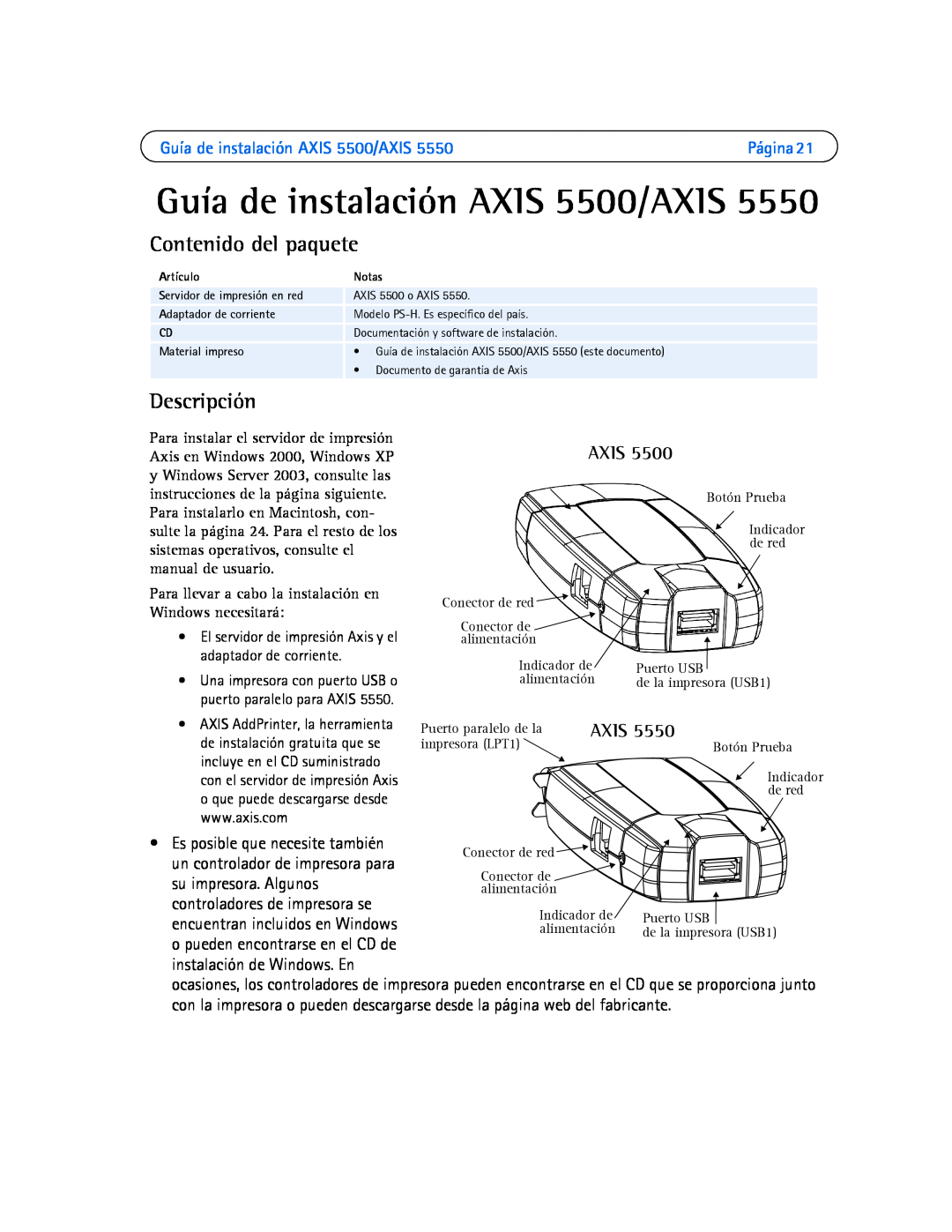 Axis Communications AXIS 5550 manual Guía de instalación AXIS 5500/AXIS, Contenido del paquete, Descripción, Axis 