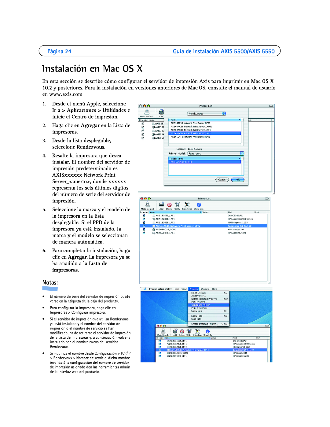 Axis Communications AXIS 5500, AXIS 5550 manual Instalación en Mac OS, Página, Notas 