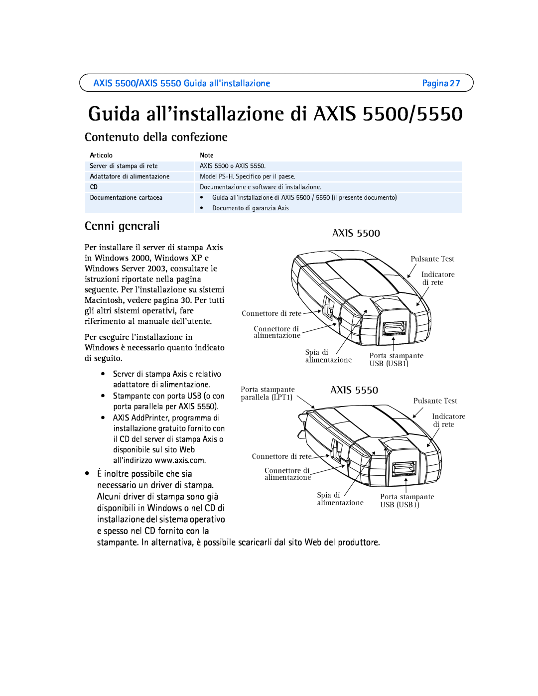 Axis Communications AXIS 5550 Guida allinstallazione di AXIS 5500/5550, Contenuto della confezione, Cenni generali, Axis 