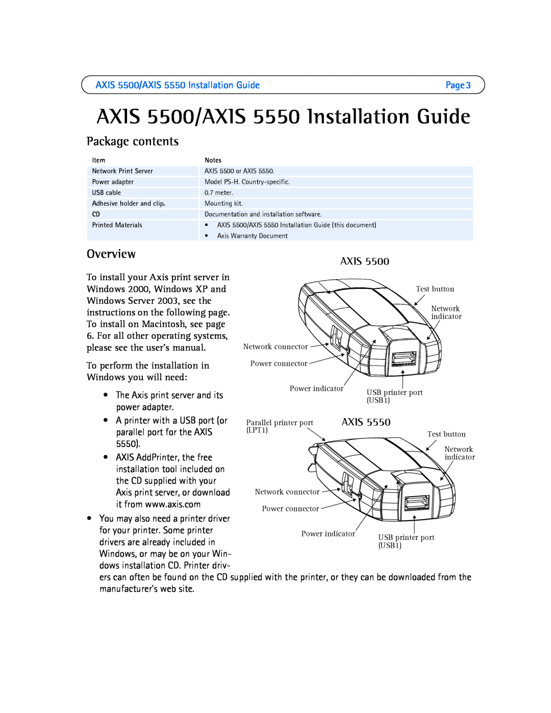 Axis Communications AXIS 5500/AXIS 5550 Installation Guide, Package contents, Overview, Axis, Power indicator, USB1 