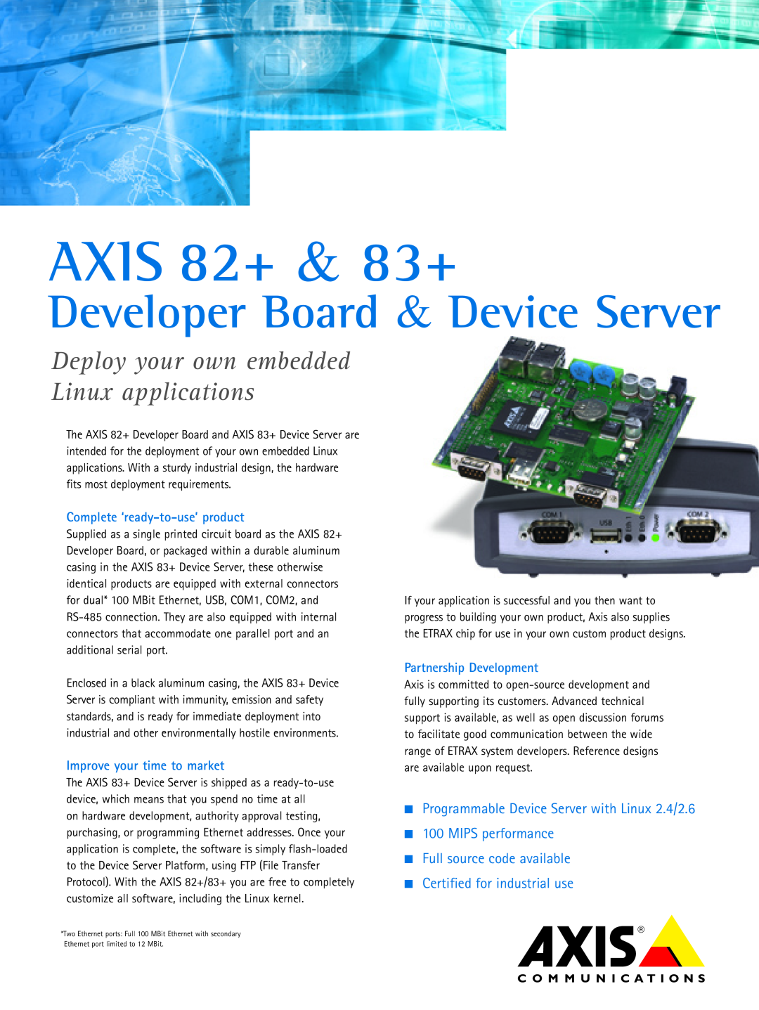 Axis Communications manual AXIS 82+ & 83+, Developer Board & Device Server, Deploy your own embedded Linux applications 