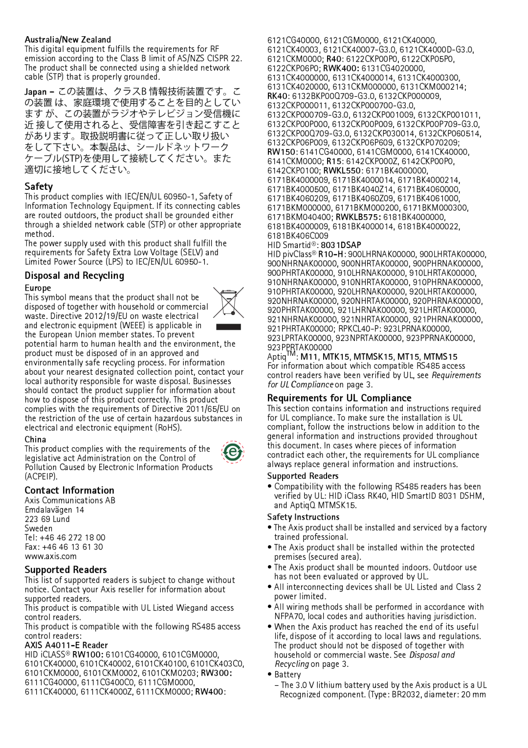 Axis Communications AXIS A1001 manual Safety, Disposal and Recycling, Contact Information, Supported Readers 