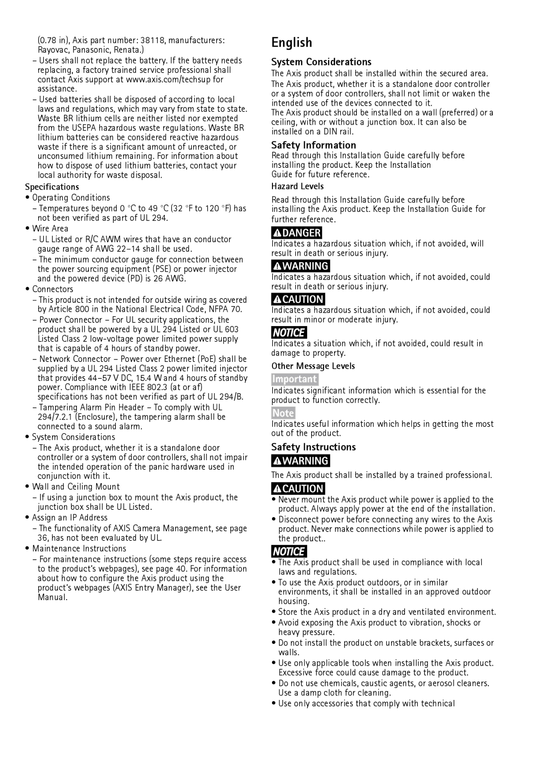 Axis Communications AXIS A1001 manual English, System Considerations, Safety Information, Safety Instructions 