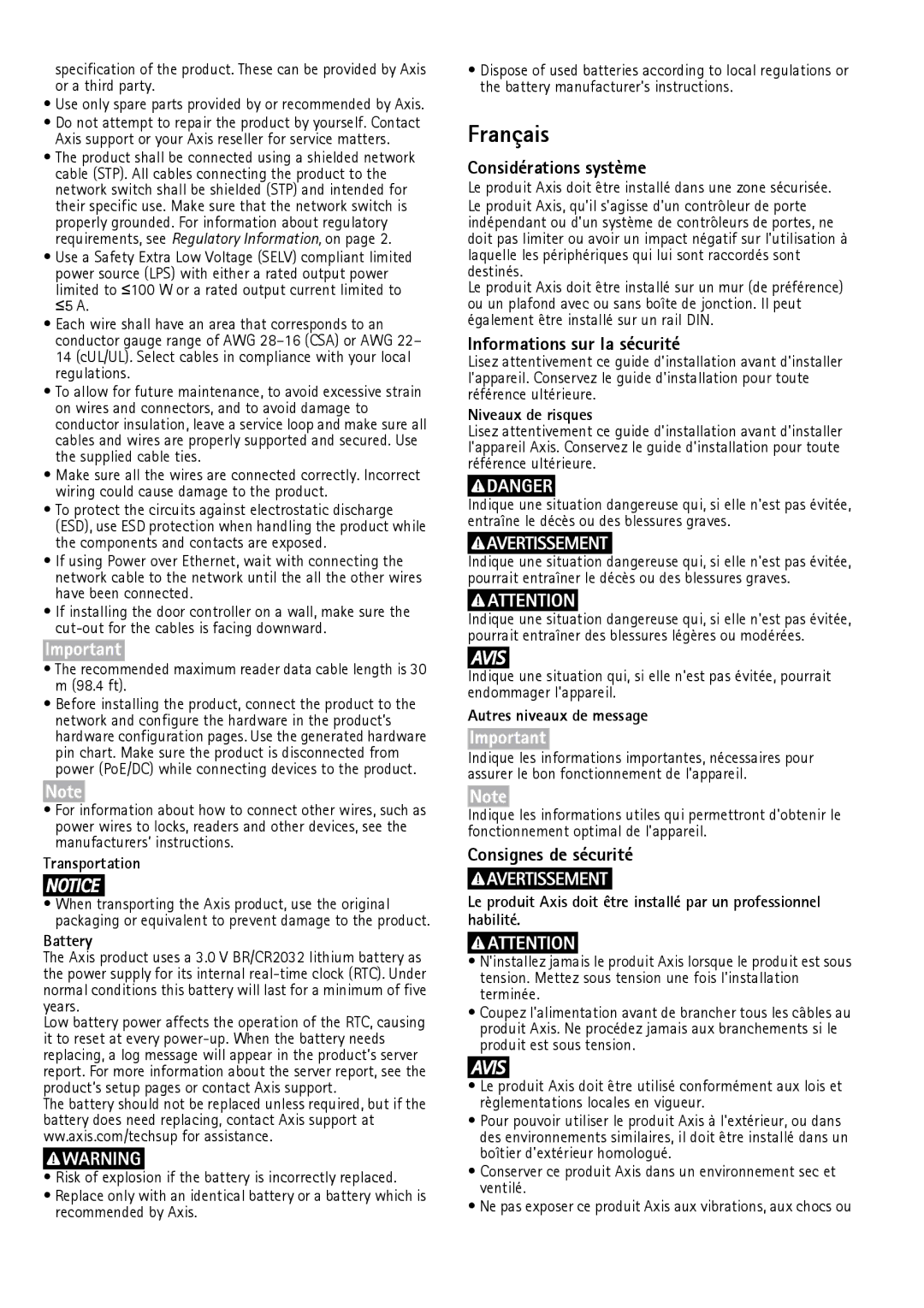 Axis Communications AXIS A1001 manual Français, Considérations système, Informations sur la sécurité, Consignes de sécurité 