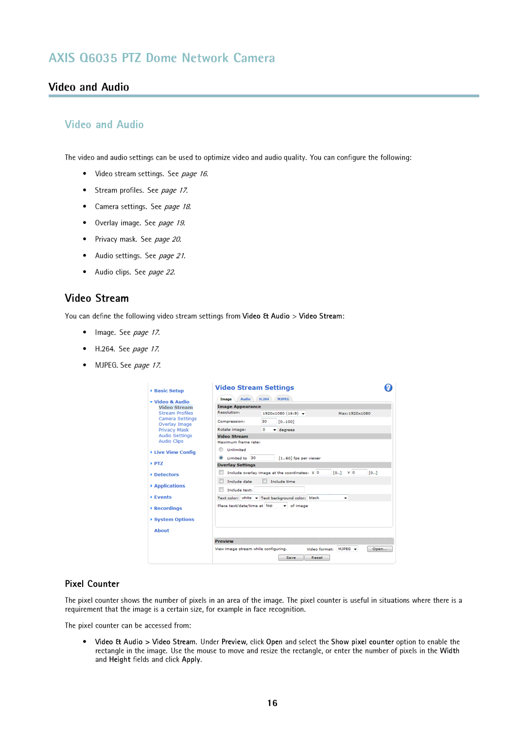 Axis Communications axis communications dome network camera user manual Video and Audio, Video Stream, Pixel Counter 