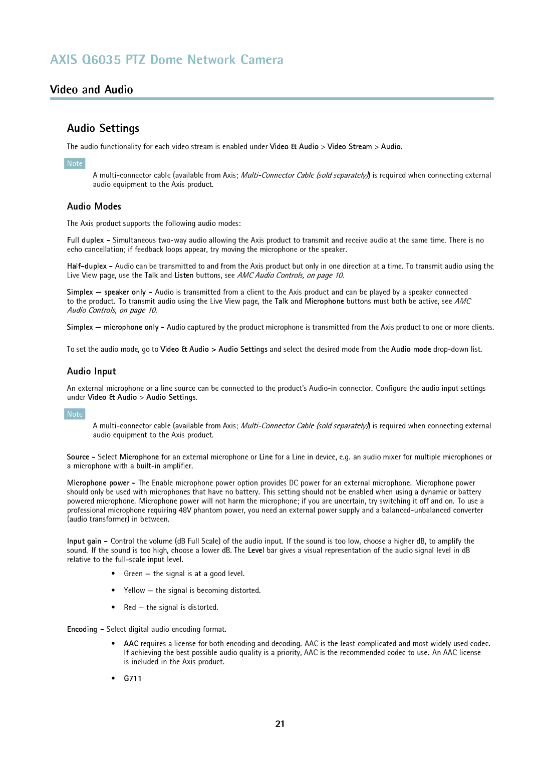 Axis Communications axis communications dome network camera user manual Audio Settings, Audio Modes, Audio Input, G711 