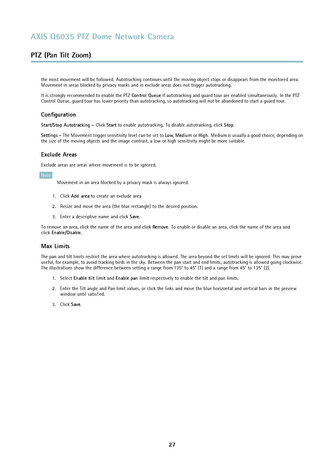 Axis Communications axis communications dome network camera user manual Conﬁguration, Exclude Areas, Max Limits 