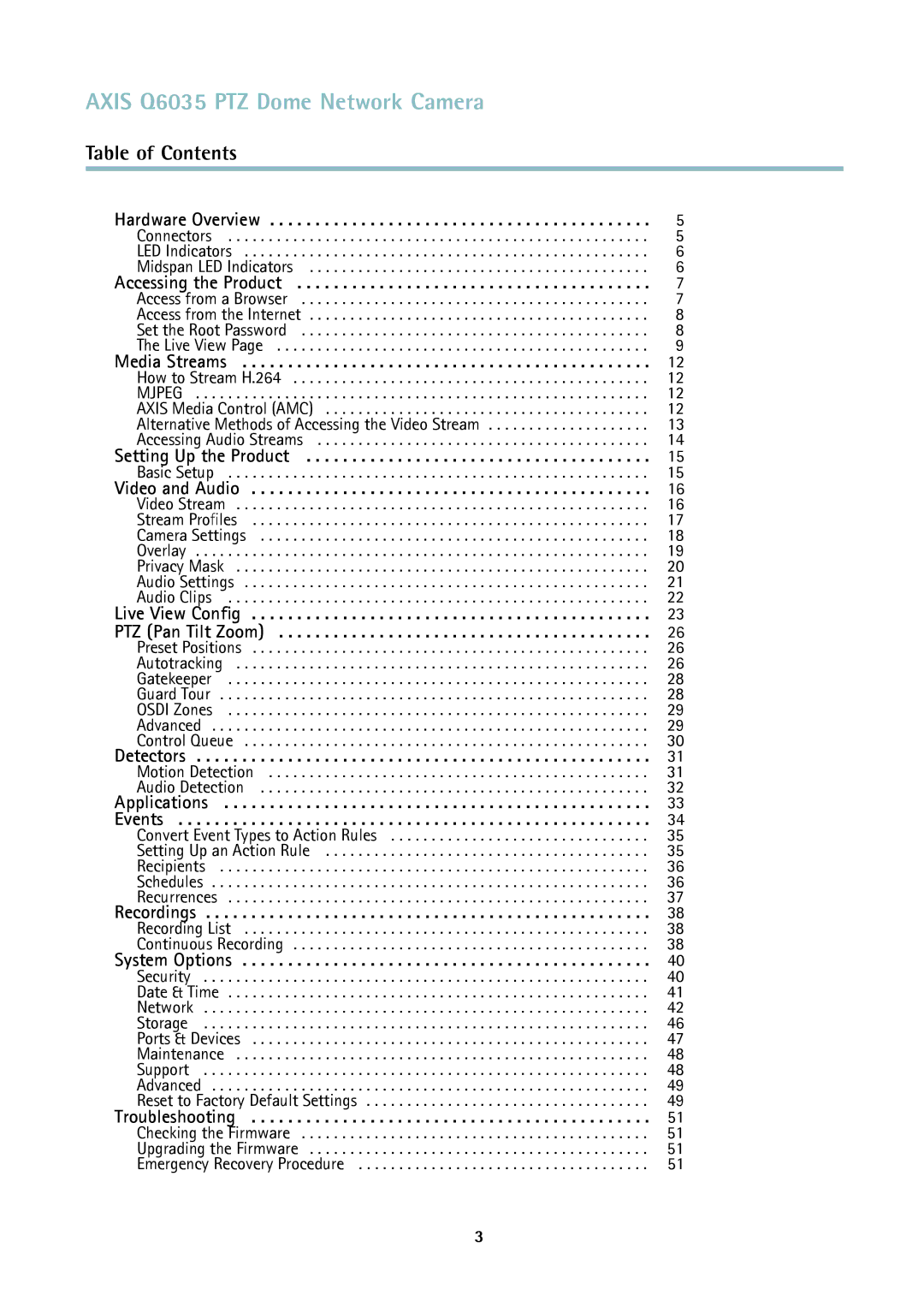 Axis Communications axis communications dome network camera Axis Q6035 PTZ Dome Network Camera, Table of Contents 