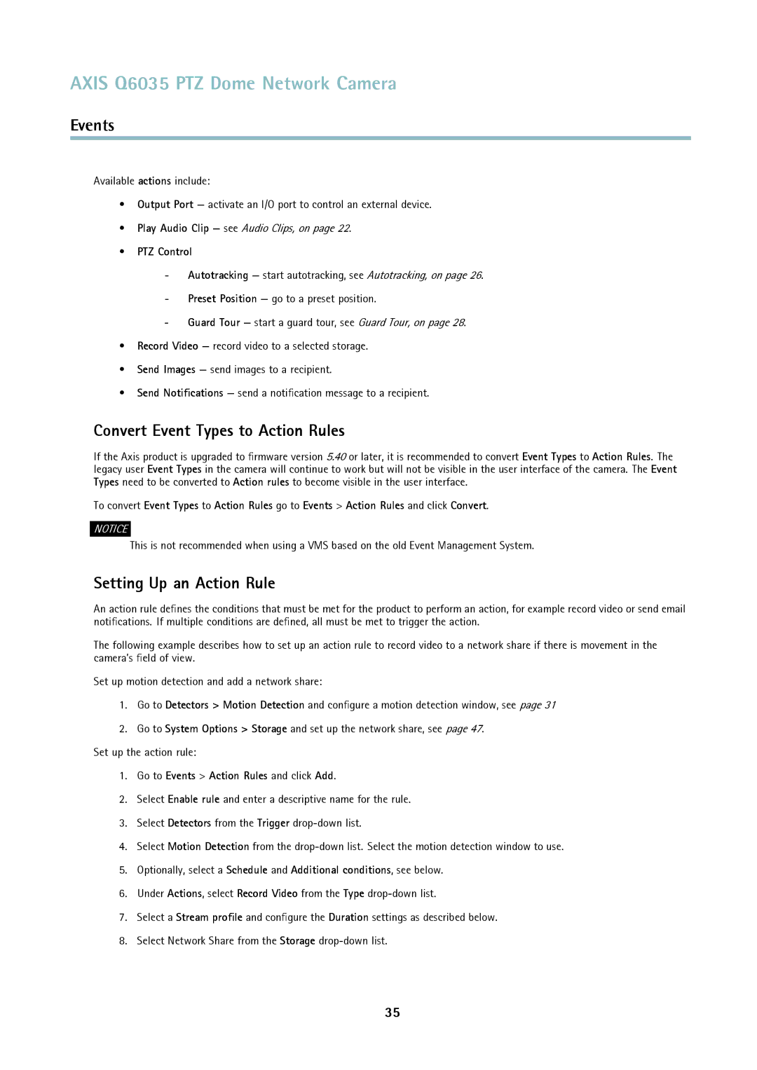 Axis Communications axis communications dome network camera Convert Event Types to Action Rules, Setting Up an Action Rule 