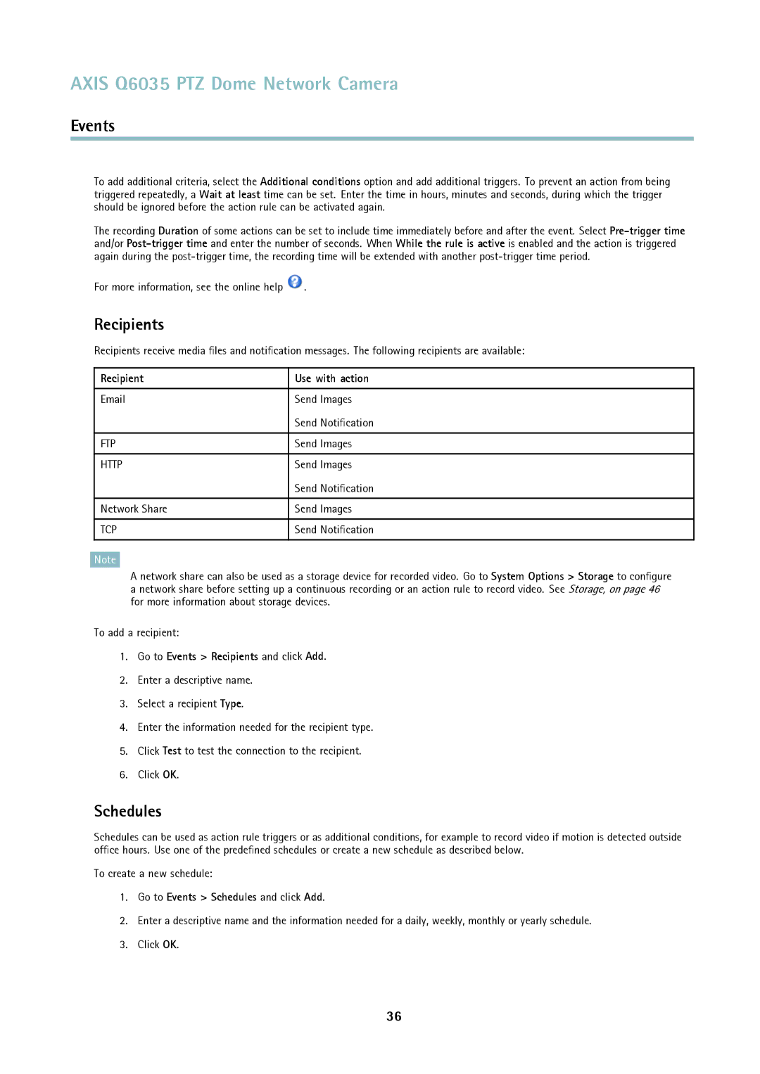 Axis Communications axis communications dome network camera user manual Recipients, Schedules, Recipient Use with action 