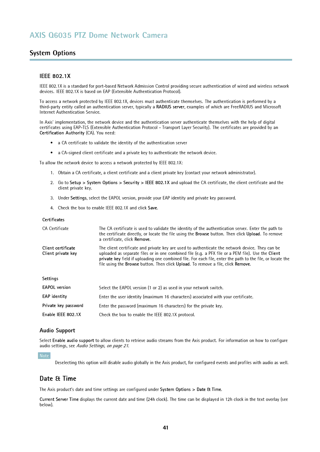 Axis Communications axis communications dome network camera user manual Date & Time, Ieee, Audio Support 