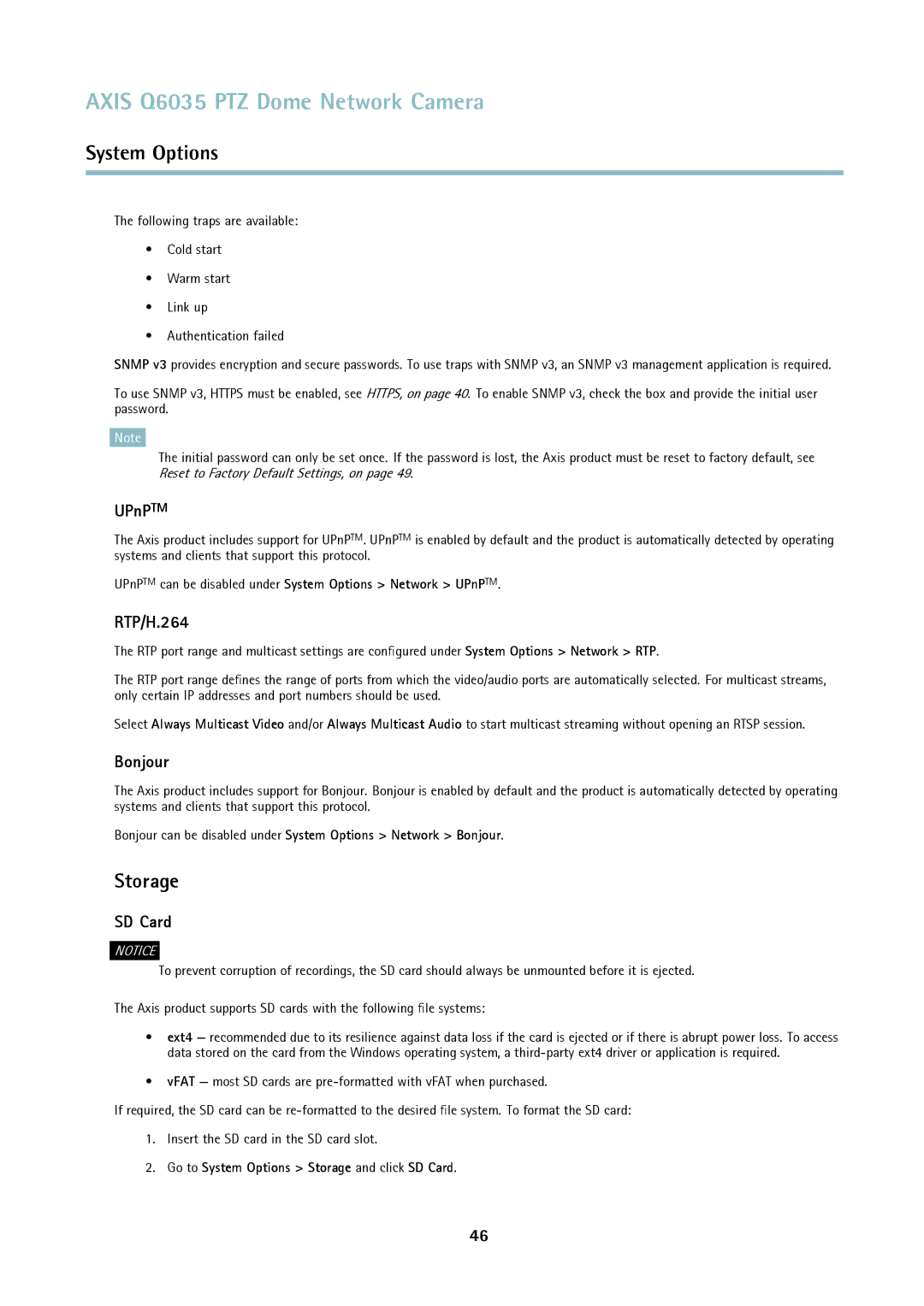 Axis Communications axis communications dome network camera user manual Storage, UPnPTM, RTP/H.264, Bonjour, SD Card 