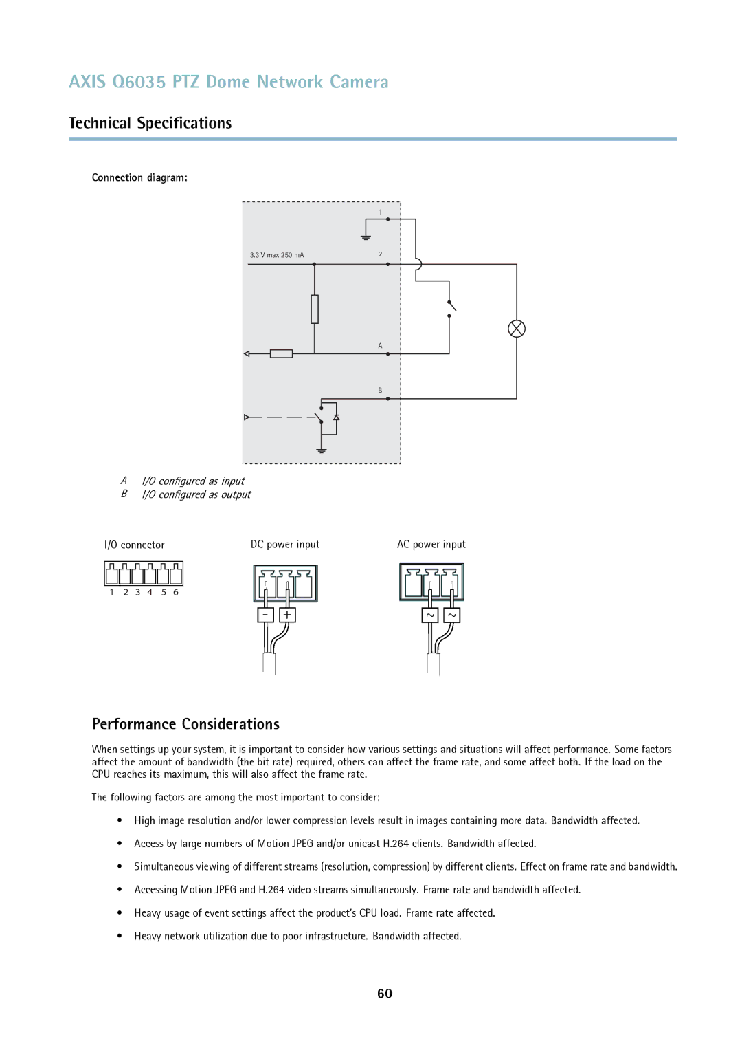 Axis Communications axis communications dome network camera Performance Considerations, Connection diagram, DC power input 