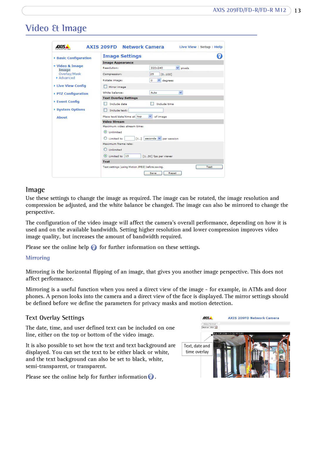 Axis Communications AXIS FD-R M12 user manual Video & Image, Text Overlay Settings 