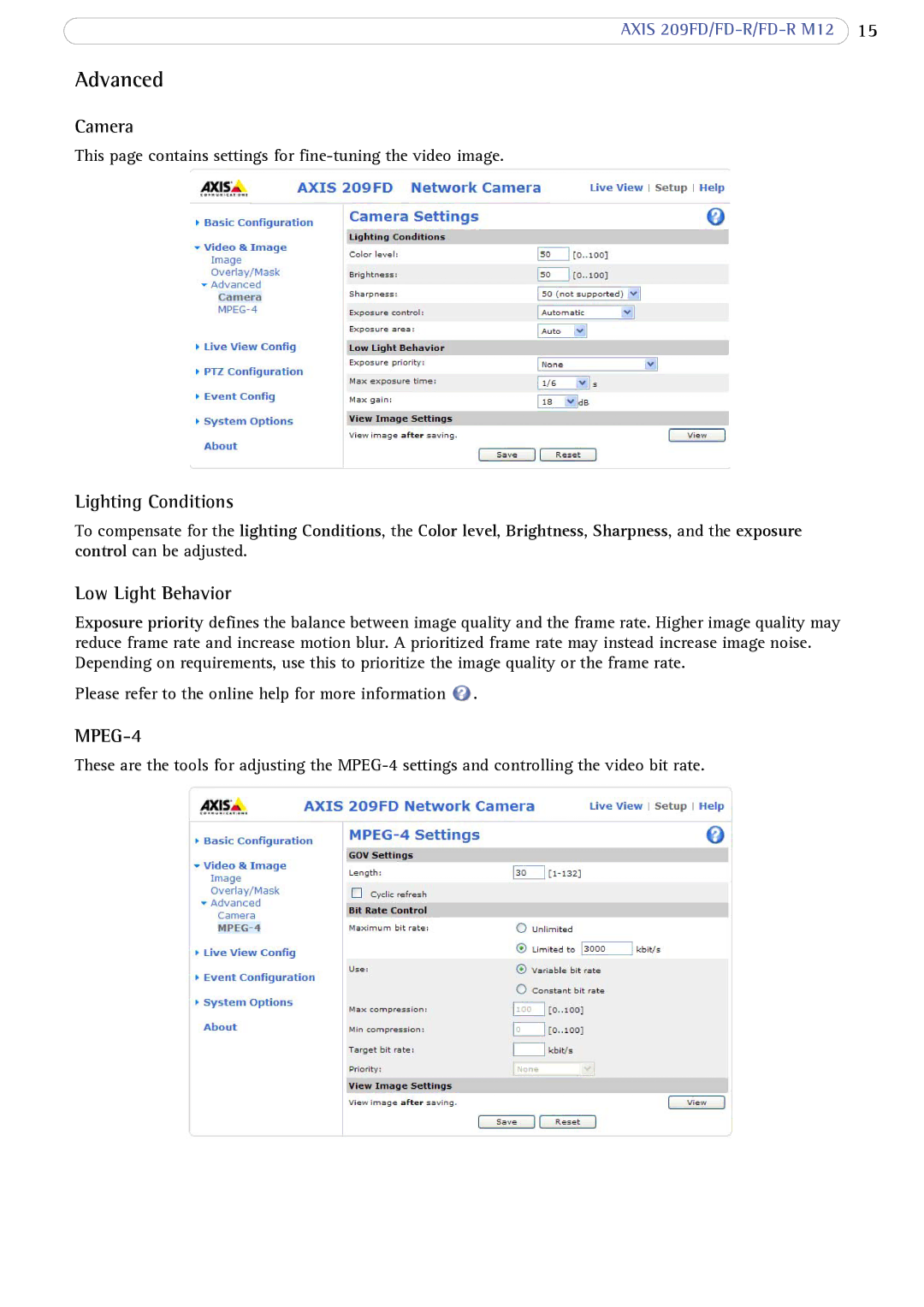 Axis Communications AXIS FD-R M12 user manual Advanced, Camera, Lighting Conditions, Low Light Behavior 