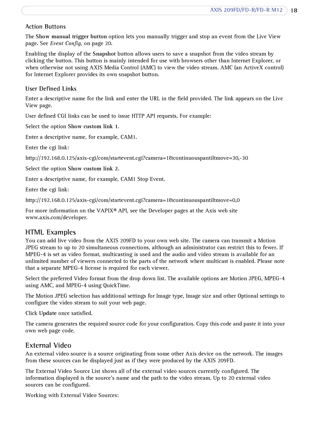 Axis Communications AXIS FD-R M12 user manual Html Examples, External Video, Action Buttons, User Defined Links 