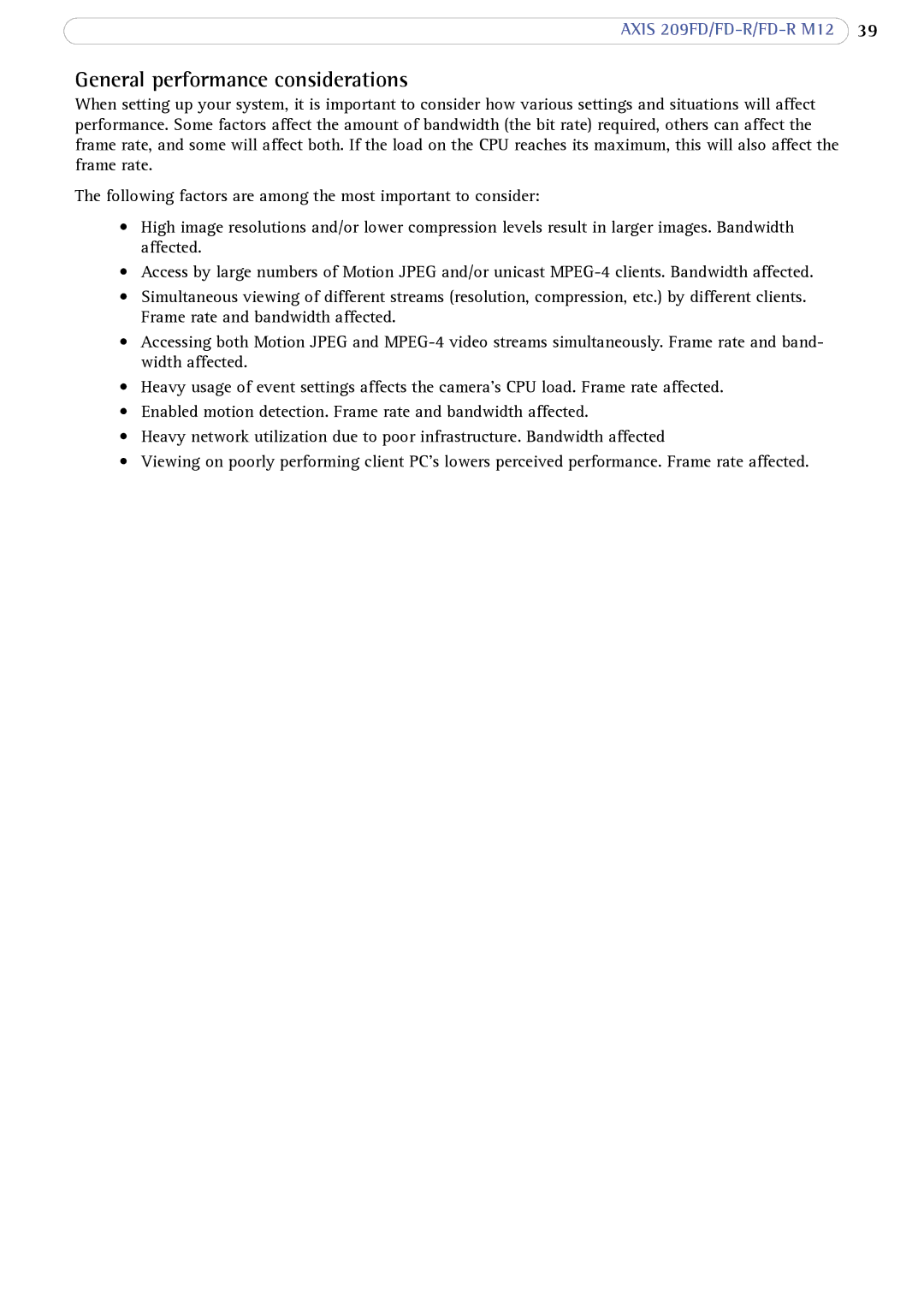 Axis Communications AXIS FD-R M12 user manual General performance considerations 