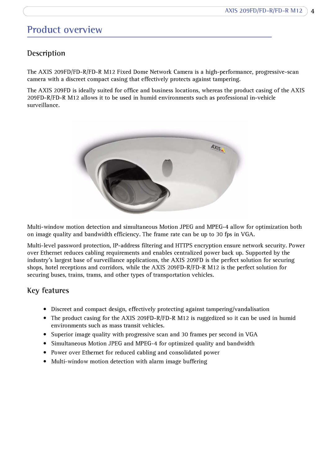 Axis Communications AXIS FD-R M12 user manual Product overview, Description, Key features 