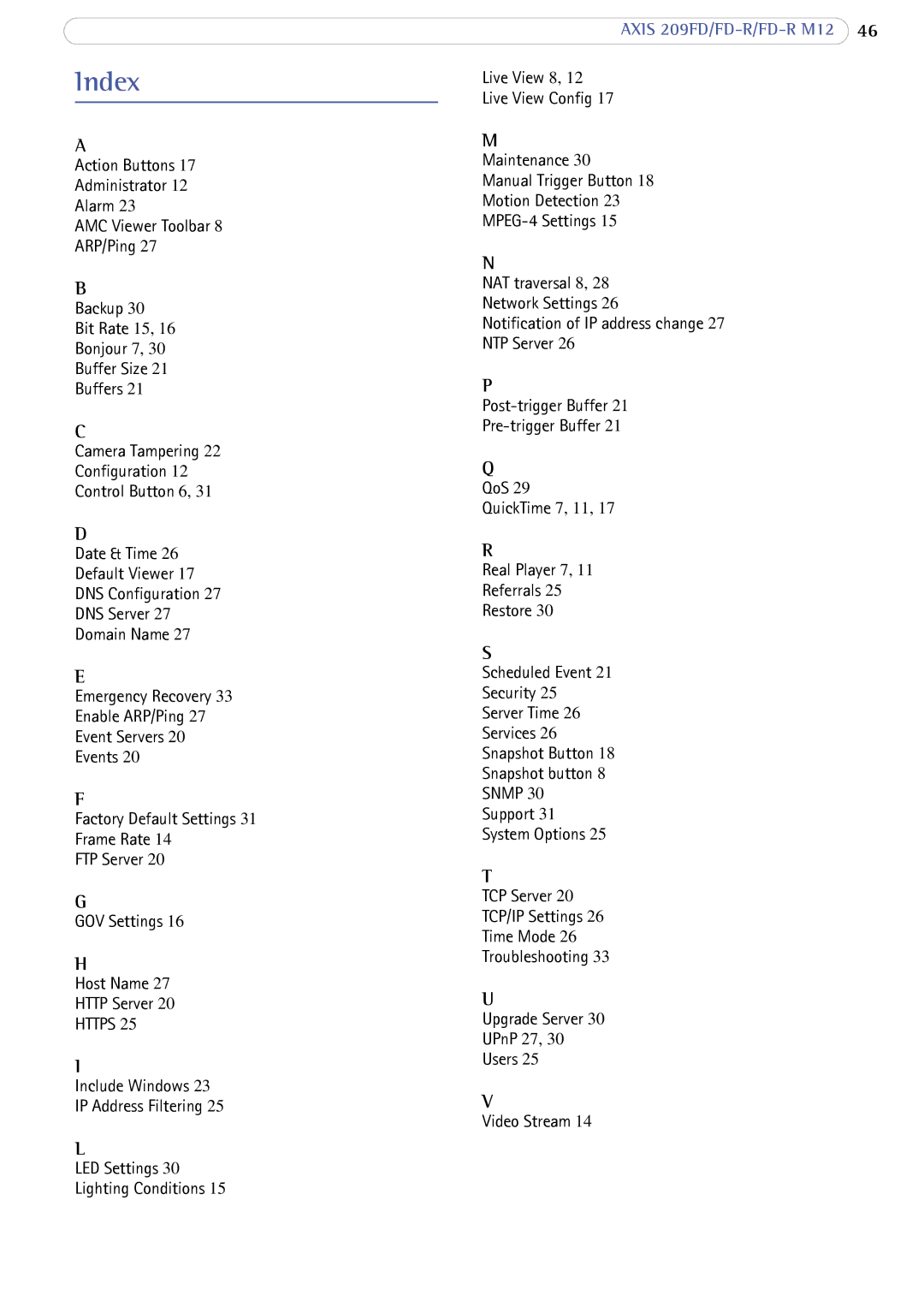 Axis Communications AXIS FD-R M12 user manual Index, Snmp 