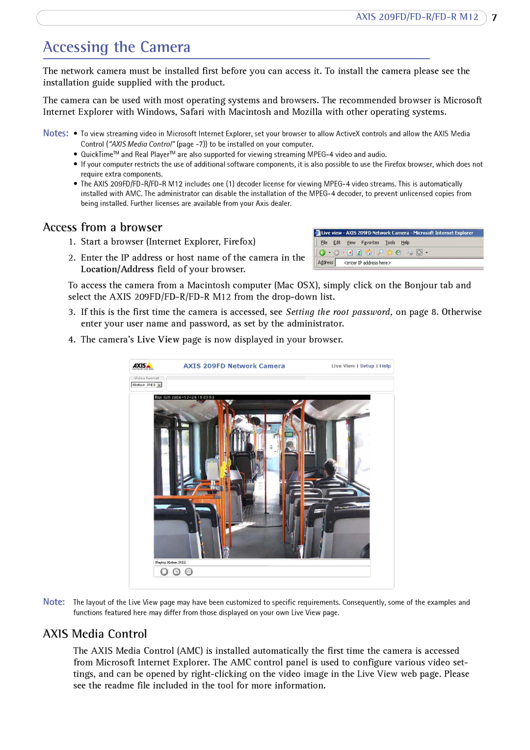 Axis Communications AXIS FD-R M12 user manual Accessing the Camera, Access from a browser, Axis Media Control 