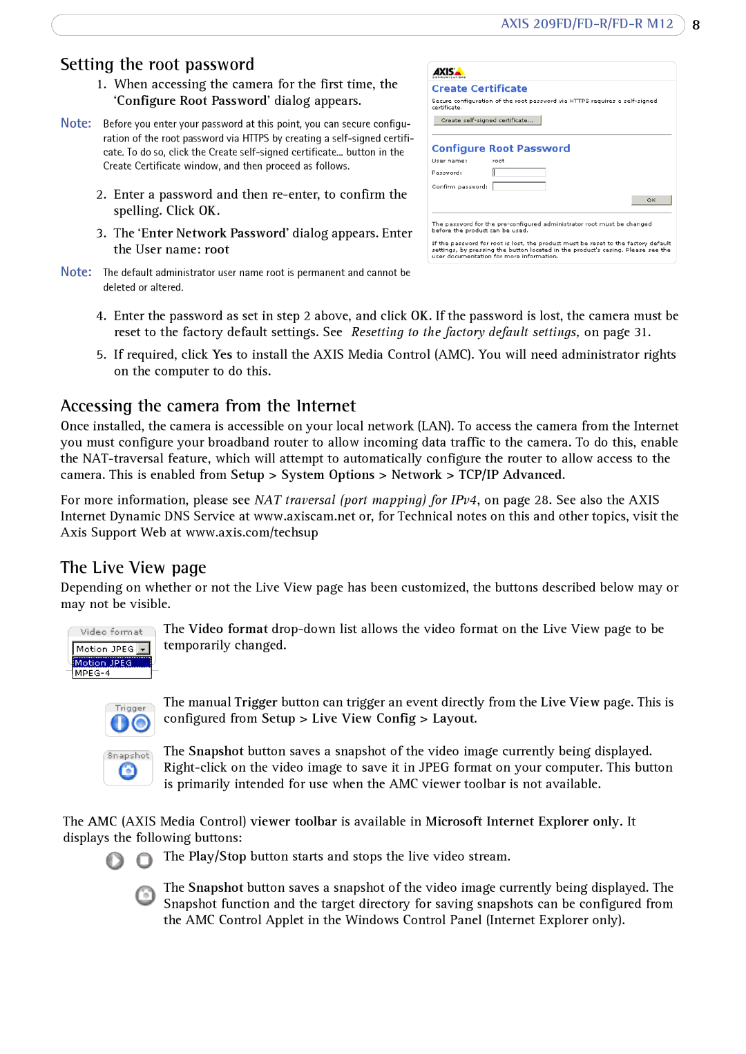 Axis Communications AXIS FD-R M12 Setting the root password, Accessing the camera from the Internet, Live View 