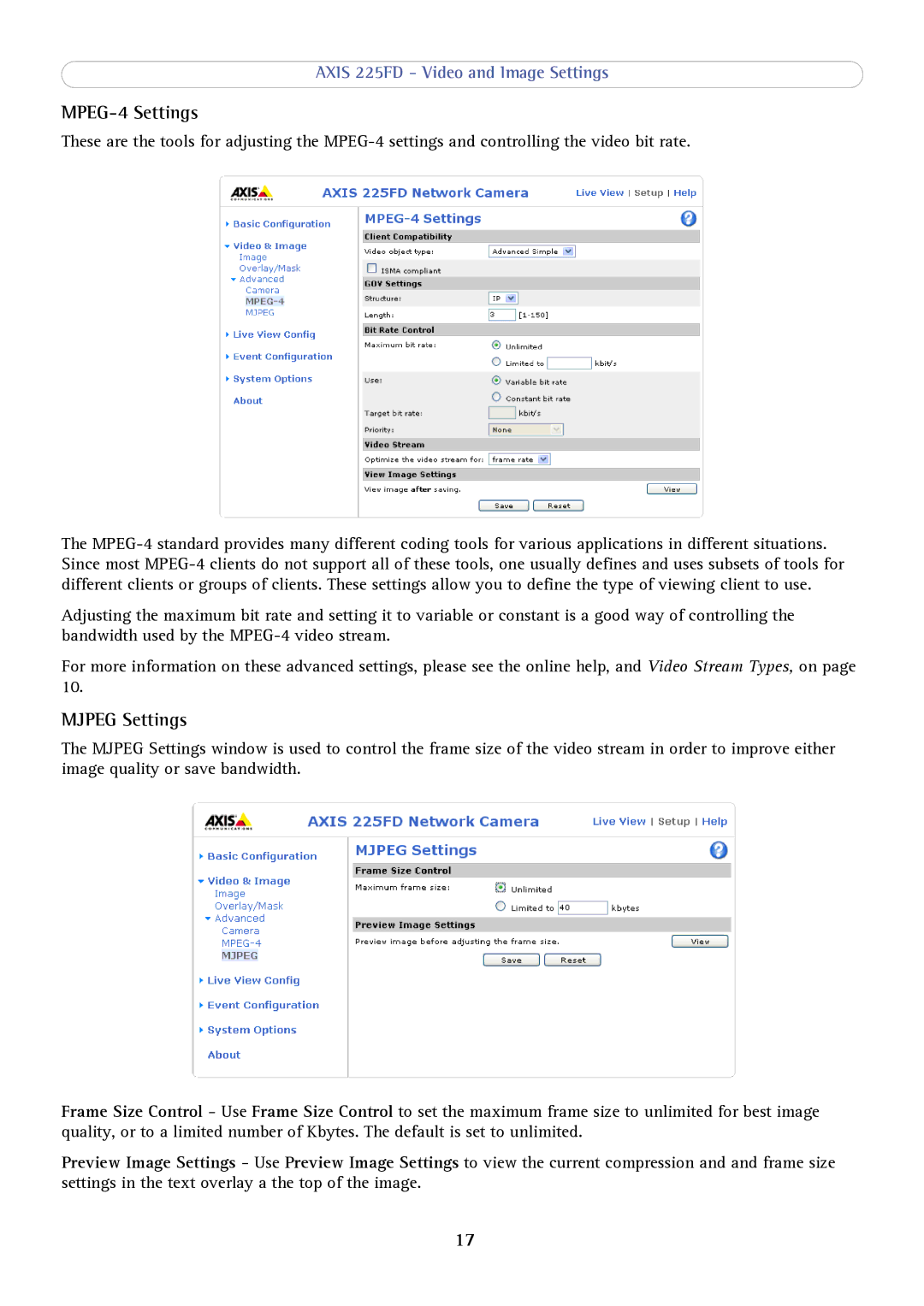 Axis Communications axis fixed dome network camera user manual MPEG-4 Settings, Mjpeg Settings 