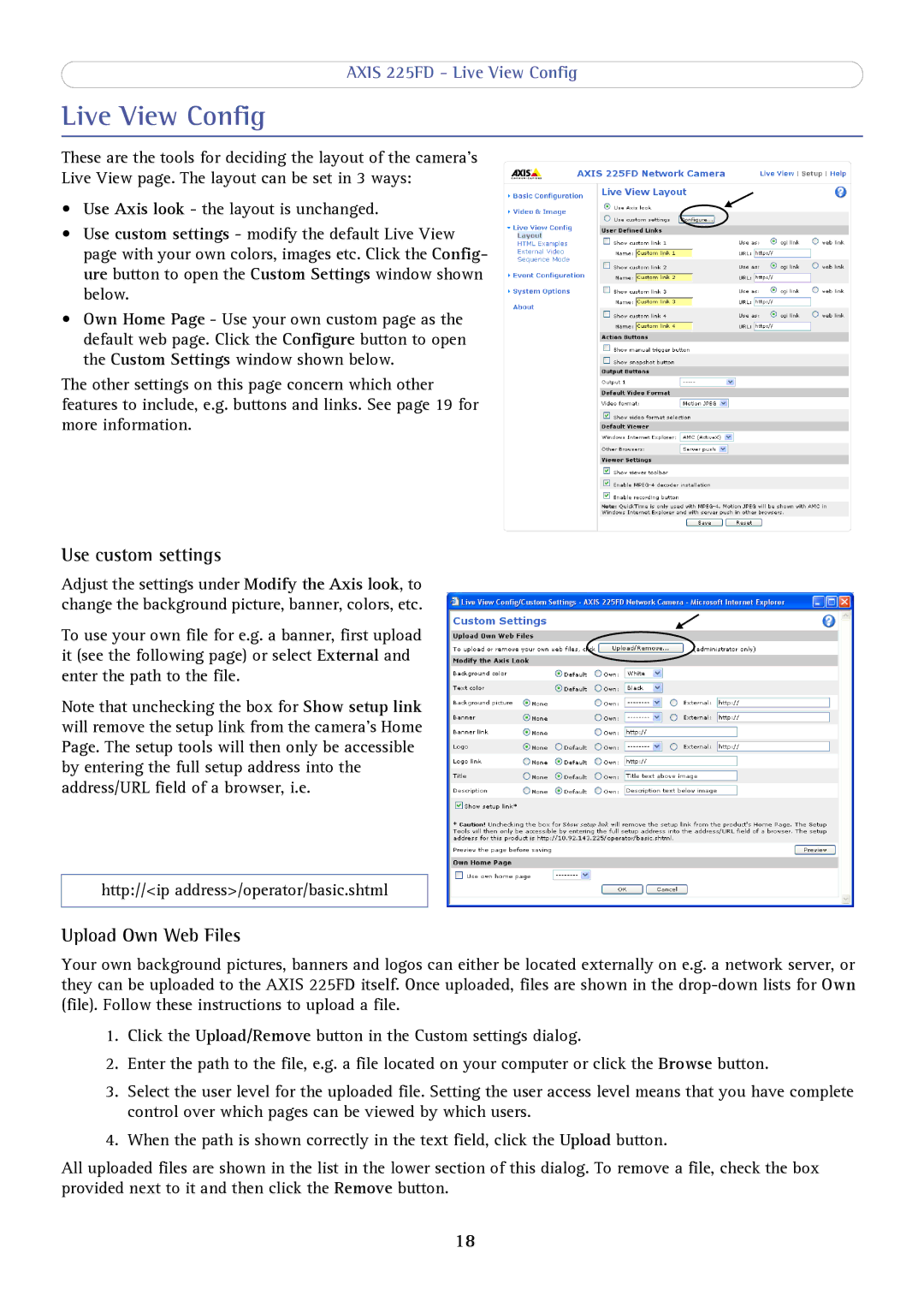 Axis Communications axis fixed dome network camera user manual Live View Config, Use custom settings, Upload Own Web Files 