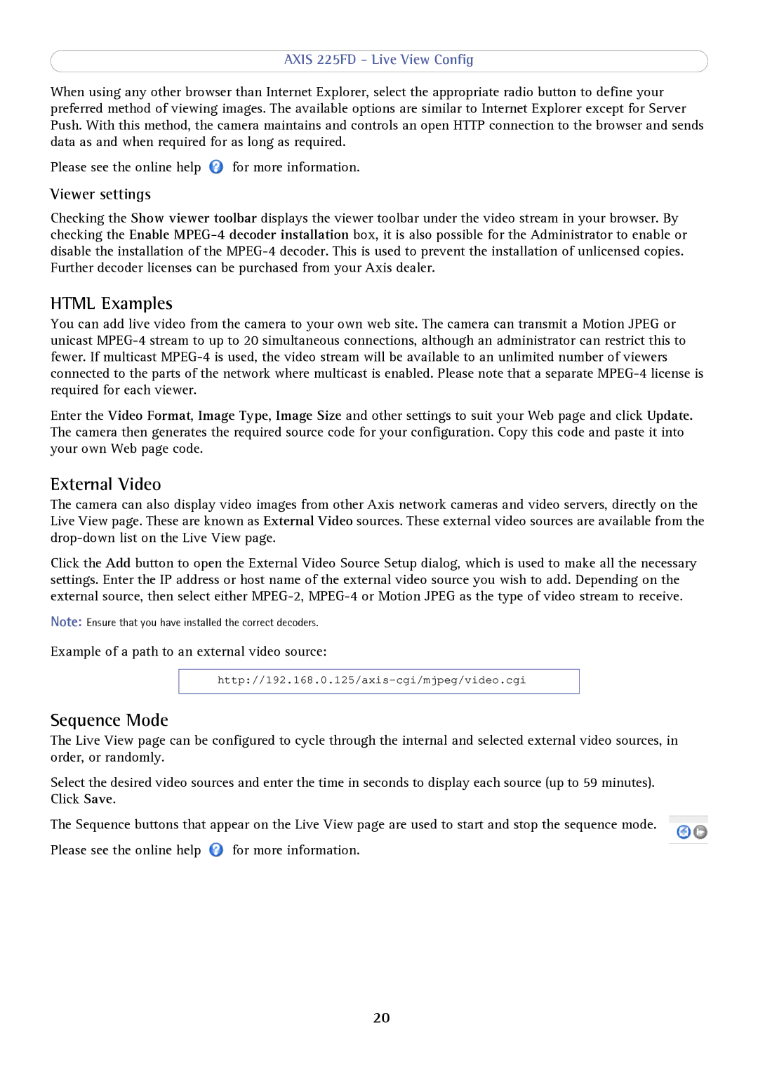 Axis Communications axis fixed dome network camera Html Examples, External Video, Sequence Mode, Viewer settings 