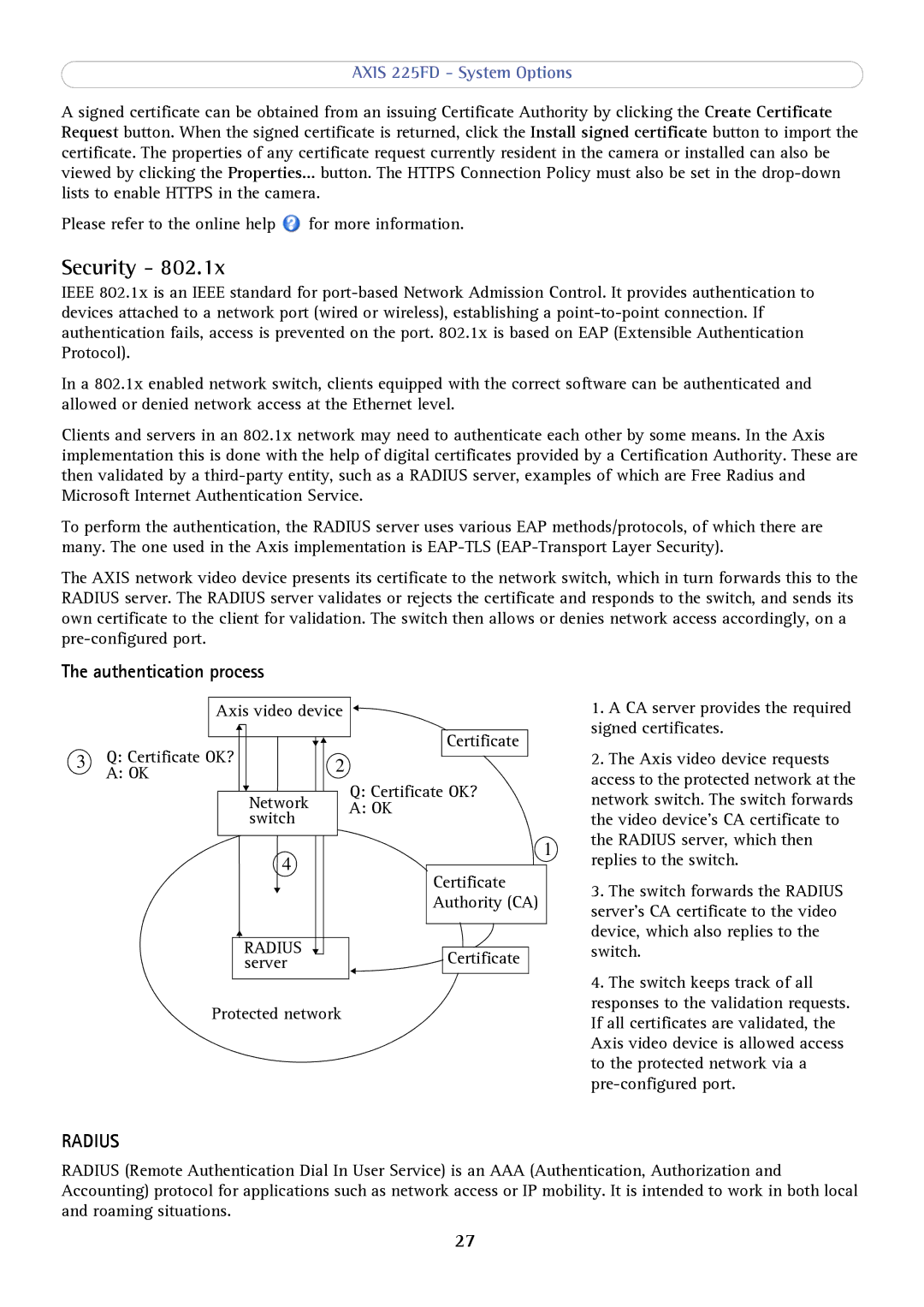 Axis Communications axis fixed dome network camera user manual Security, Authentication process 