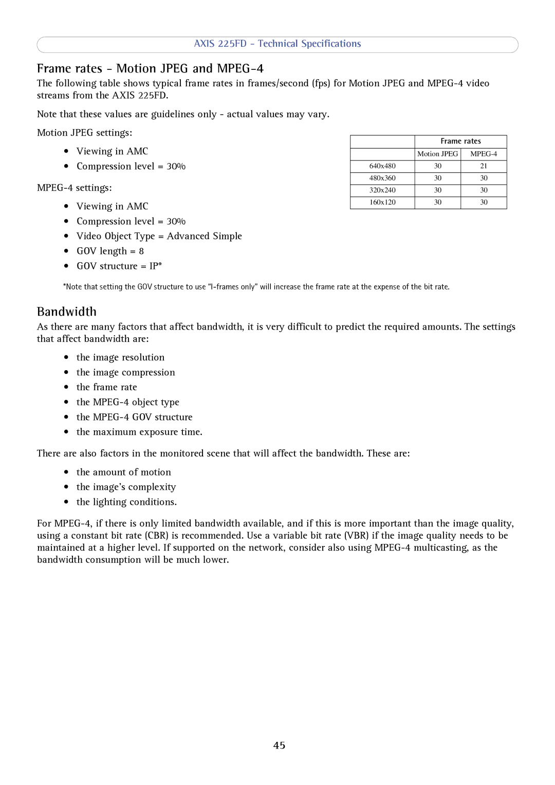 Axis Communications axis fixed dome network camera user manual Frame rates Motion Jpeg and MPEG-4, Bandwidth 