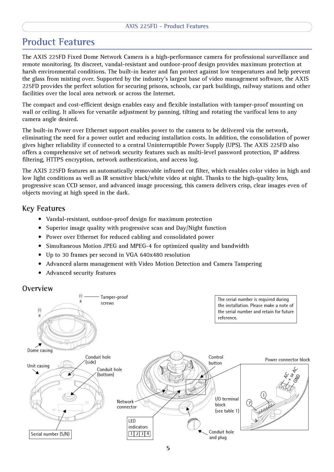 Axis Communications axis fixed dome network camera user manual Product Features, Key Features, Overview 