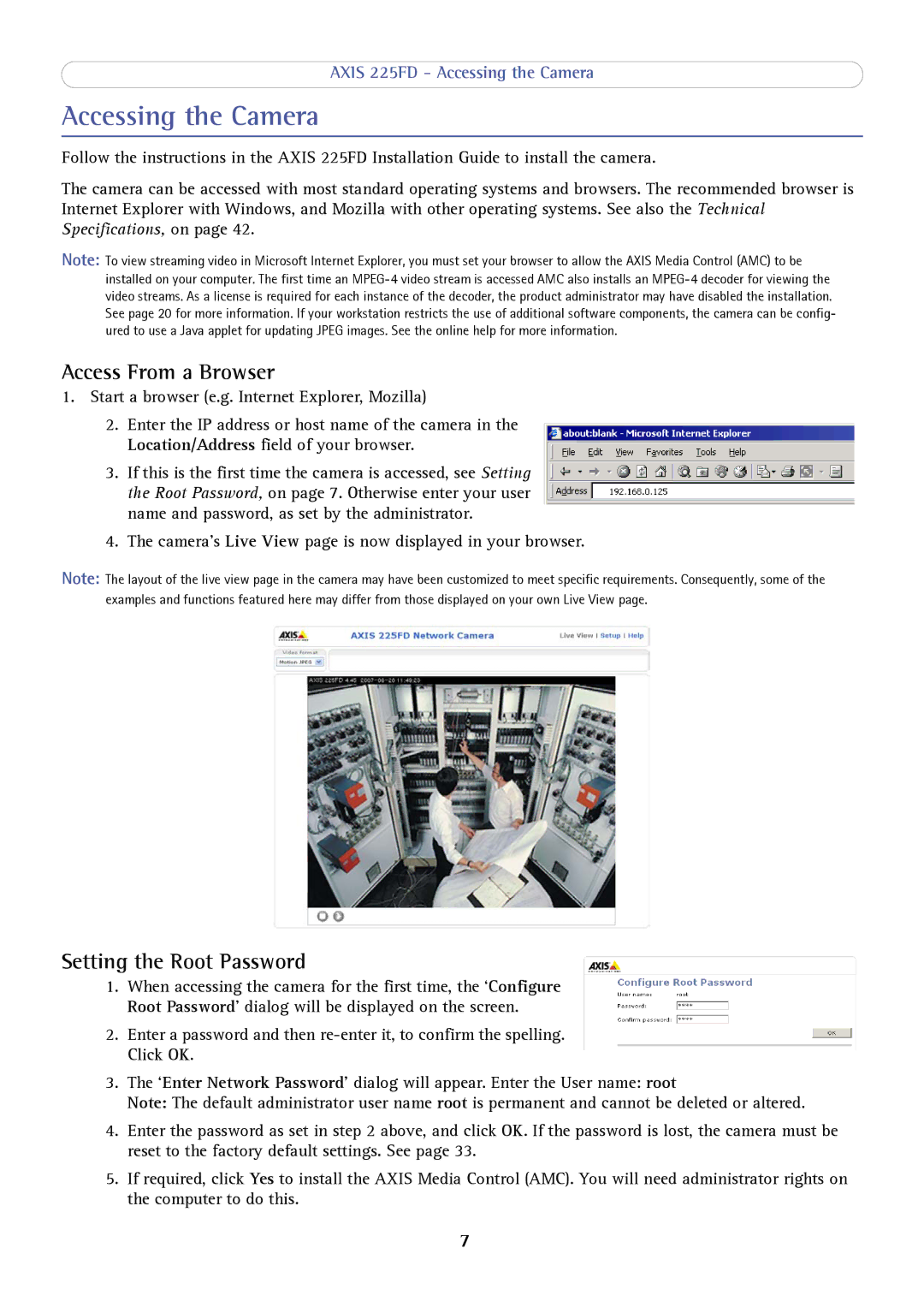 Axis Communications axis fixed dome network camera Accessing the Camera, Access From a Browser, Setting the Root Password 