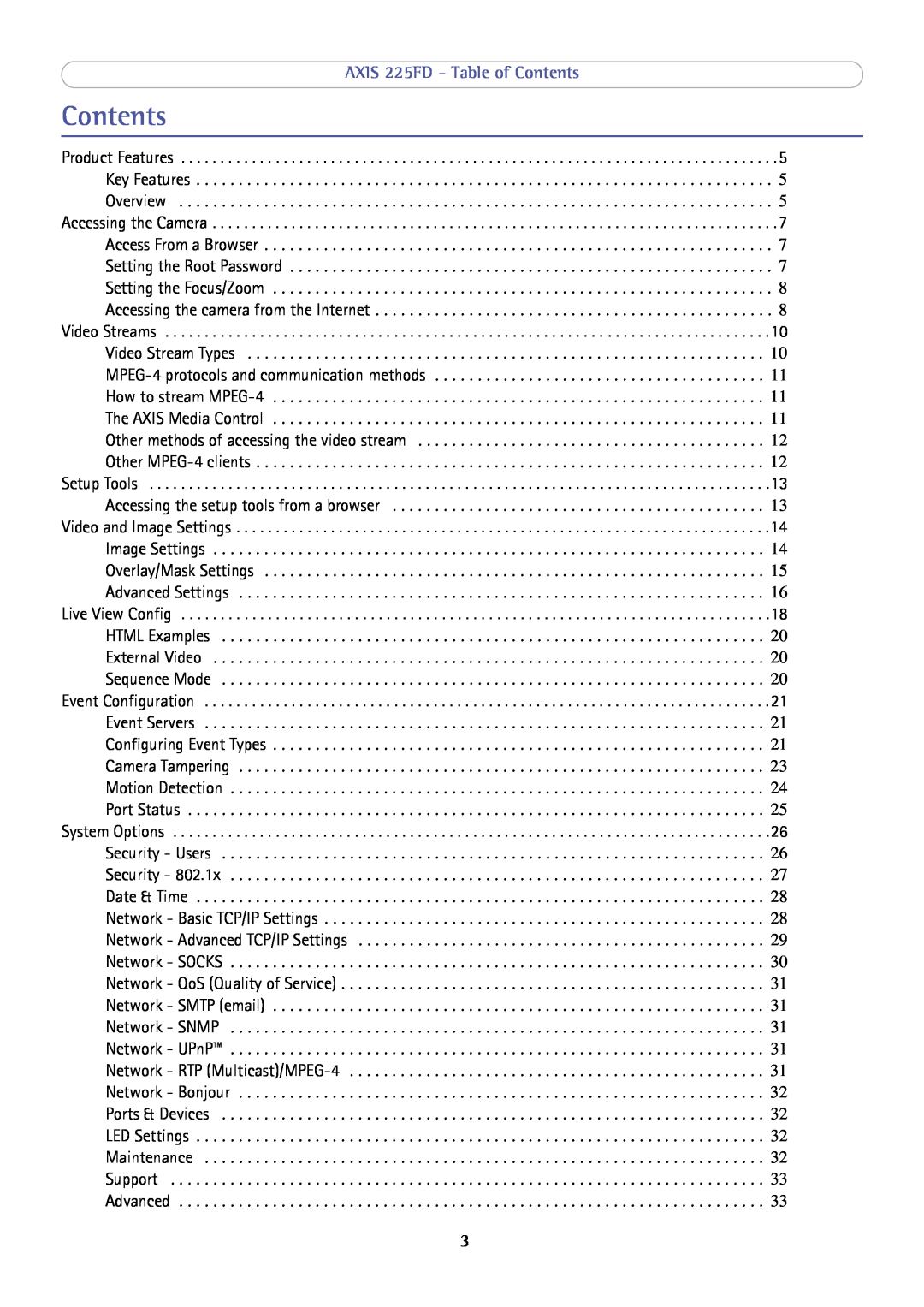 Axis Communications axis fixed dome network camera user manual AXIS 225FD - Table of Contents 