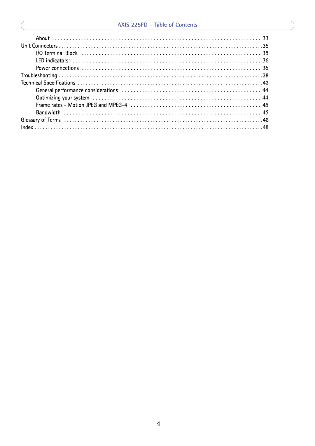 Axis Communications axis fixed dome network camera user manual AXIS 225FD - Table of Contents, Glossary of Terms Index 