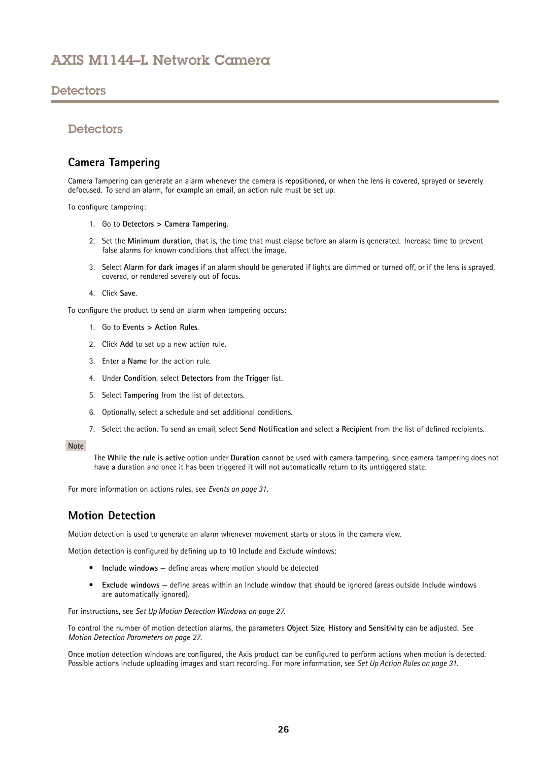 Axis Communications AXIS M1144-L user manual Motion Detection, Go to Detectors Camera Tampering 