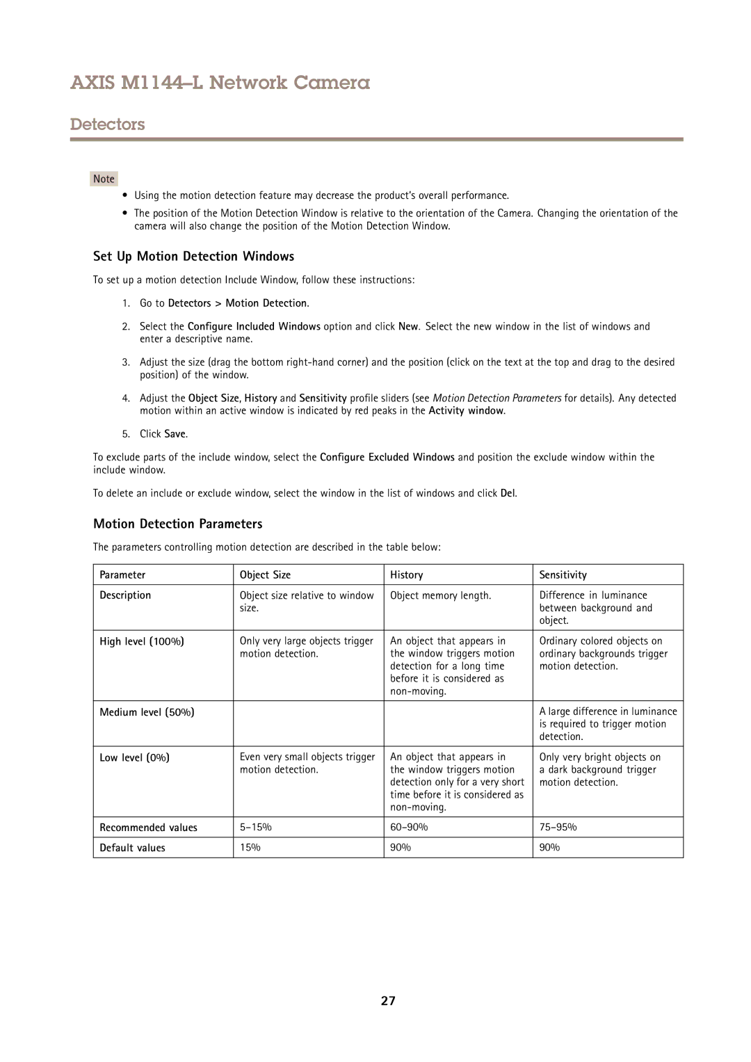 Axis Communications AXIS M1144-L user manual Set Up Motion Detection Windows, Motion Detection Parameters 