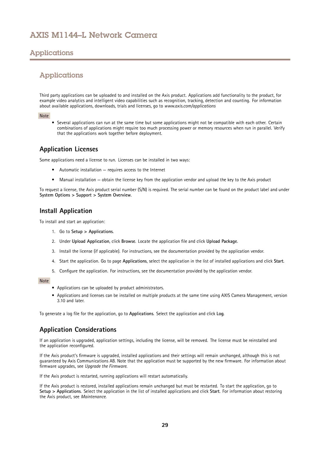 Axis Communications AXIS M1144-L Applications, Application Licenses, Install Application, Application Considerations 