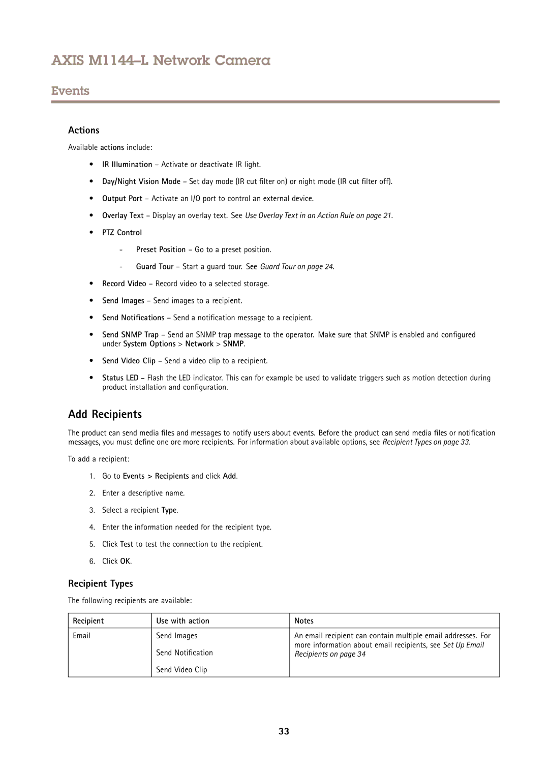 Axis Communications AXIS M1144-L user manual Add Recipients, Actions, Recipient Types 